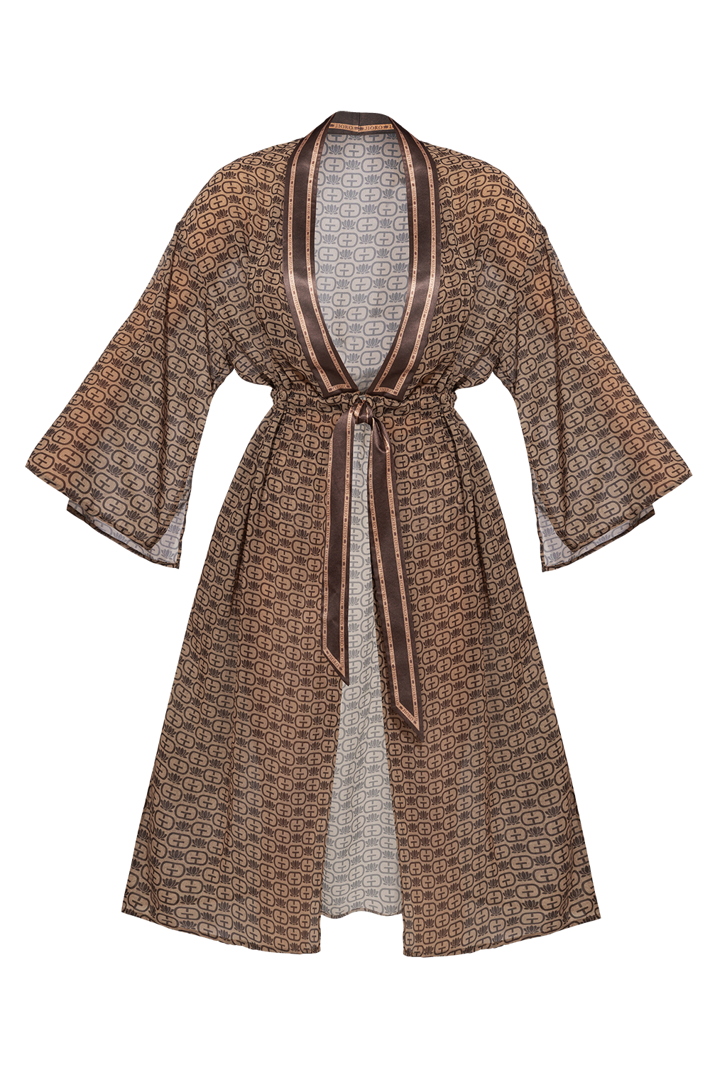 KIMONO WITH PLASTRON AND INTEGRATED BELT IN FRENCH CHIFFON - MOCHA MOUSSE LOGO
