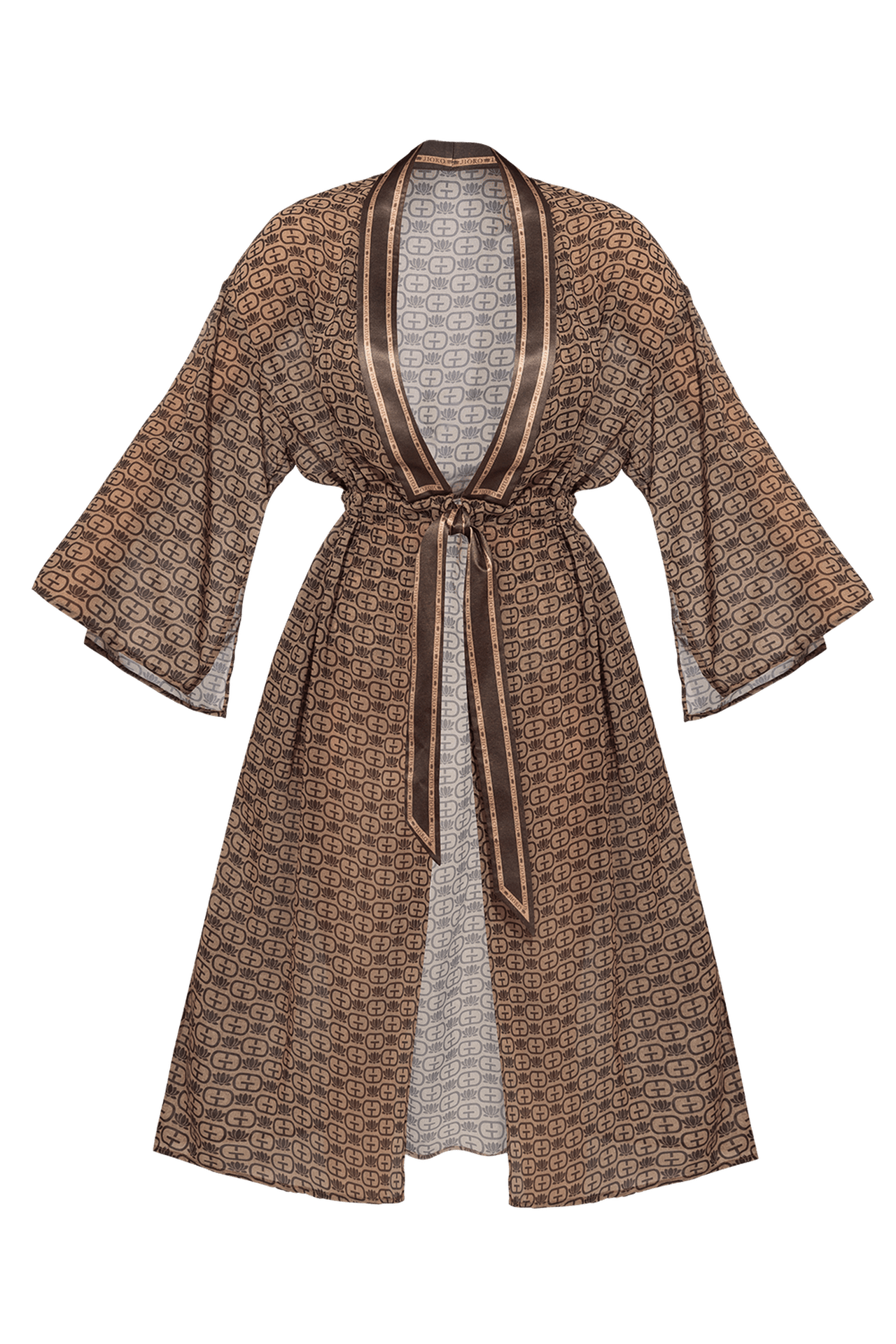 KIMONO WITH PLASTRON AND INTEGRATED BELT IN FRENCH CHIFFON - MOCHA MOUSSE LOGO - Fashion Roots