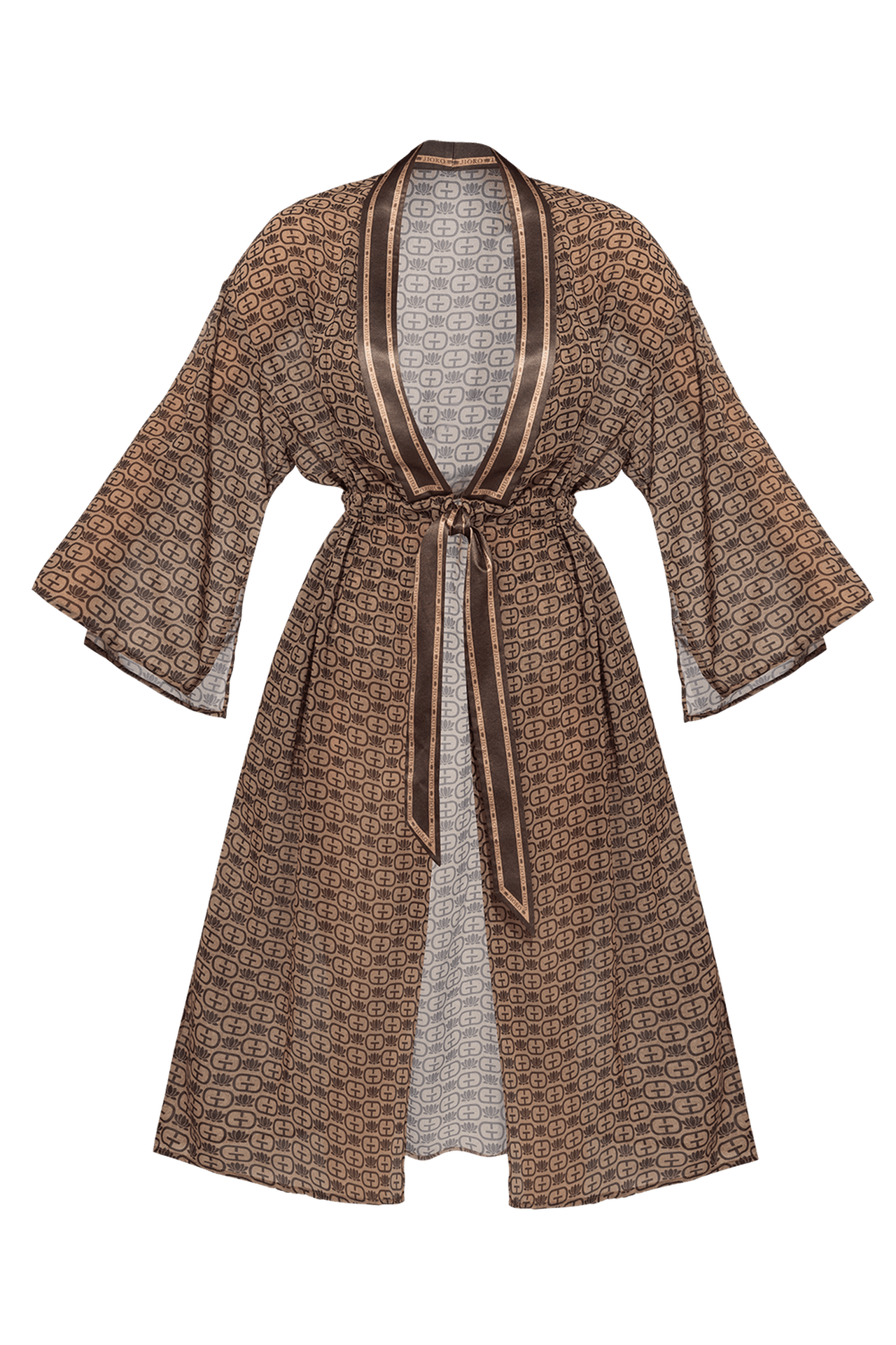 KIMONO WITH PLASTRON AND INTEGRATED BELT IN FRENCH CHIFFON - MOCHA MOUSSE LOGO JIORO КИМОНО С ПЛАСТРОН И ВГРАДЕН КОЛАН ОТ ФРЕНСКИ ШИФОН - MOCHA MOUSSE LOGO JIORO