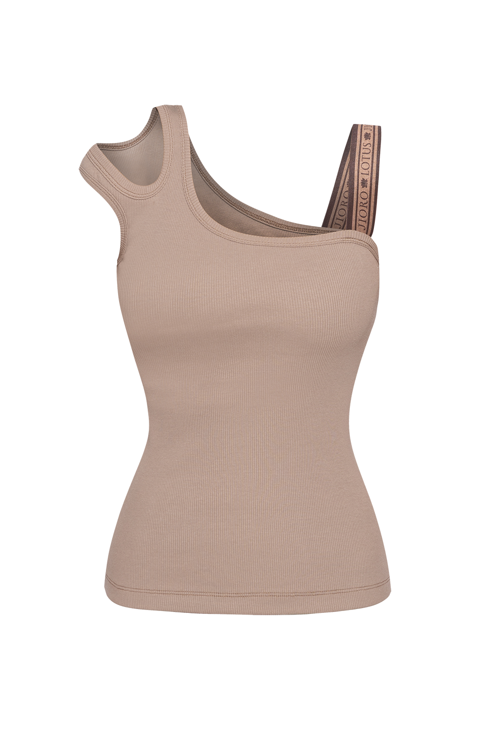 ASYMMETRICAL RIBBED TANK TOP IN BEIGE WITH ELASTIC STRAP MOCHA MOUSSE LOGO - ESSENTIALS
