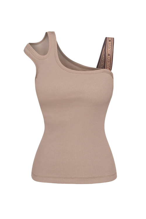 ASYMMETRICAL RIBBED TANK TOP IN BEIGE WITH ELASTIC STRAP MOCHA MOUSSE LOGO - ESSENTIALS