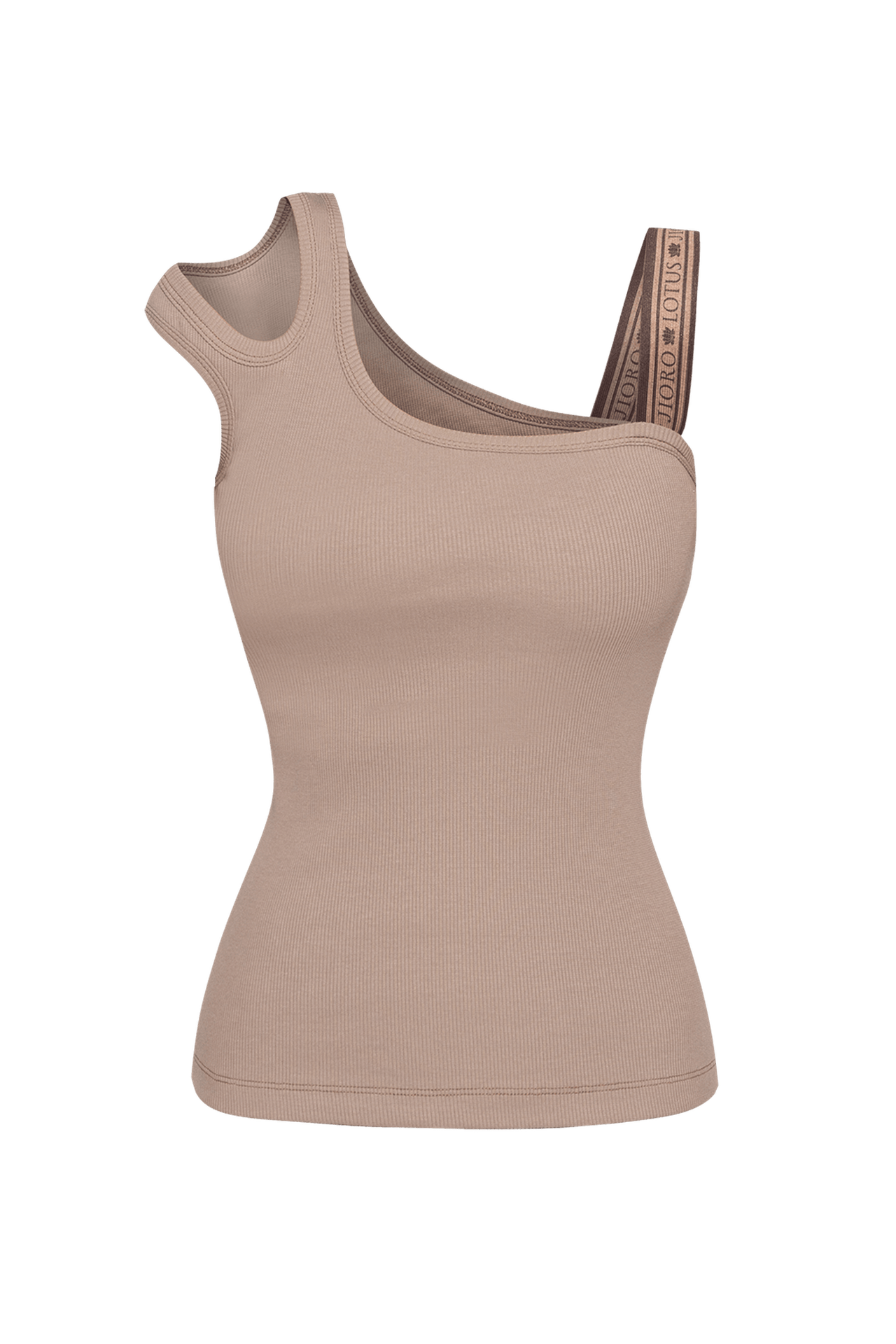 ASYMMETRICAL RIBBED TANK TOP IN BEIGE WITH ELASTIC STRAP MOCHA MOUSSE LOGO - ESSENTIALS