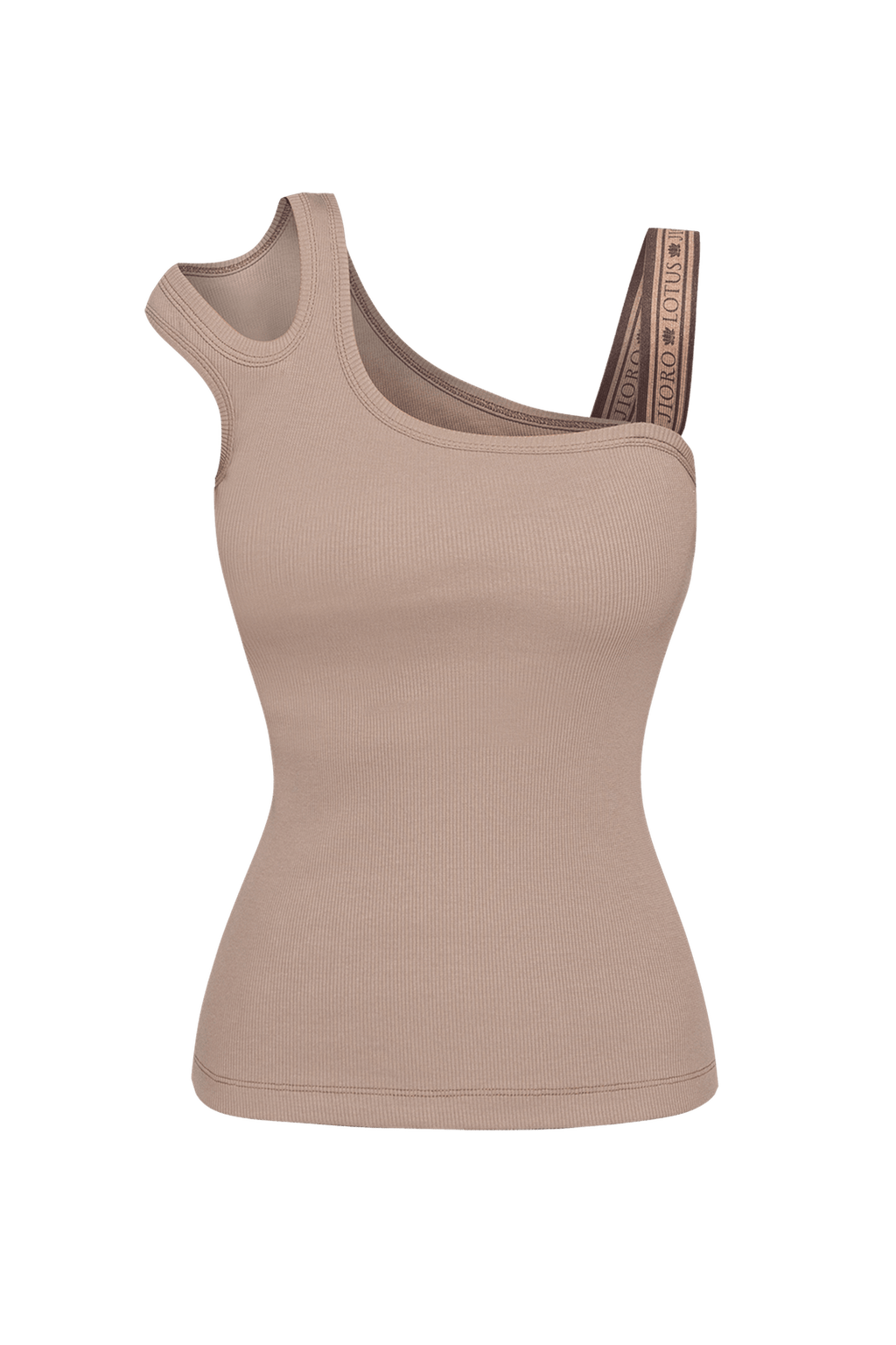 ASYMMETRICAL RIBBED TANK TOP IN BEIGE WITH ELASTIC STRAP MOCHA MOUSSE LOGO - ESSENTIALS - Fashion Roots