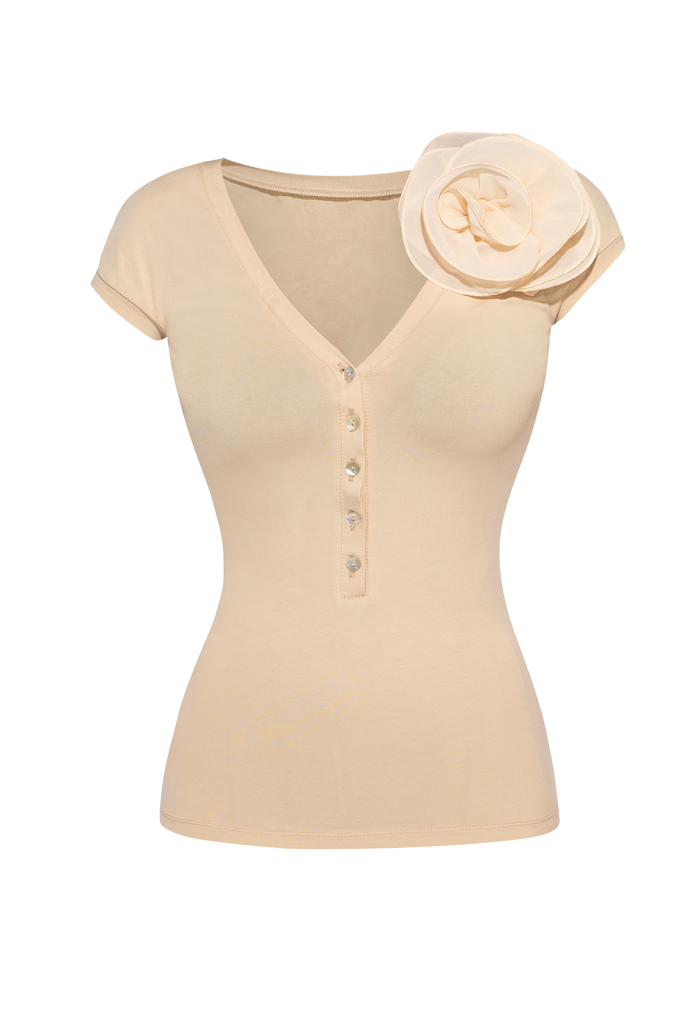COTTON BUTTONED T-SHIRT WITH SHOULDER FLOWER - ESSENTIALS