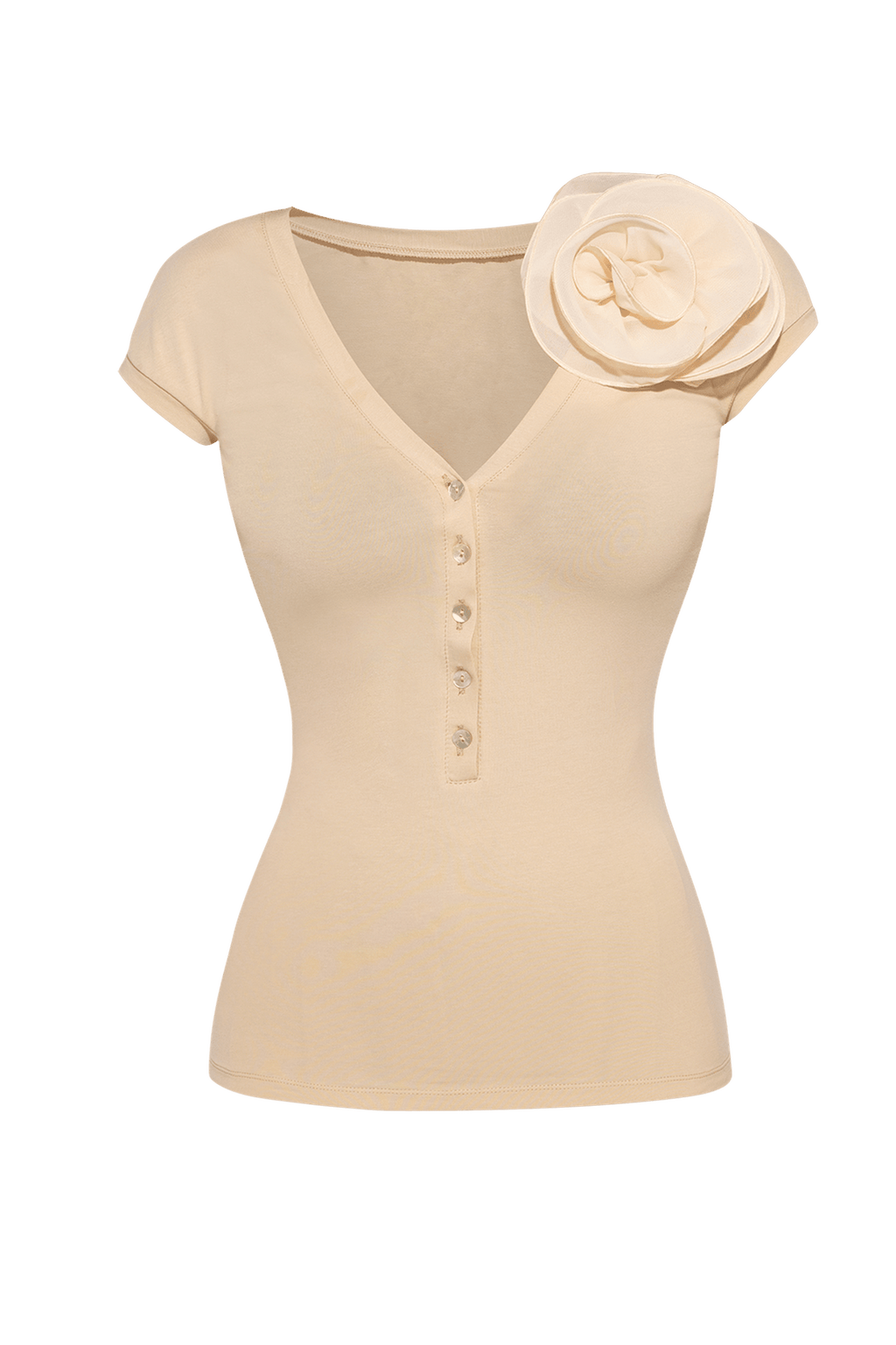 COTTON BUTTONED T-SHIRT WITH SHOULDER FLOWER - ESSENTIALS - Fashion Roots