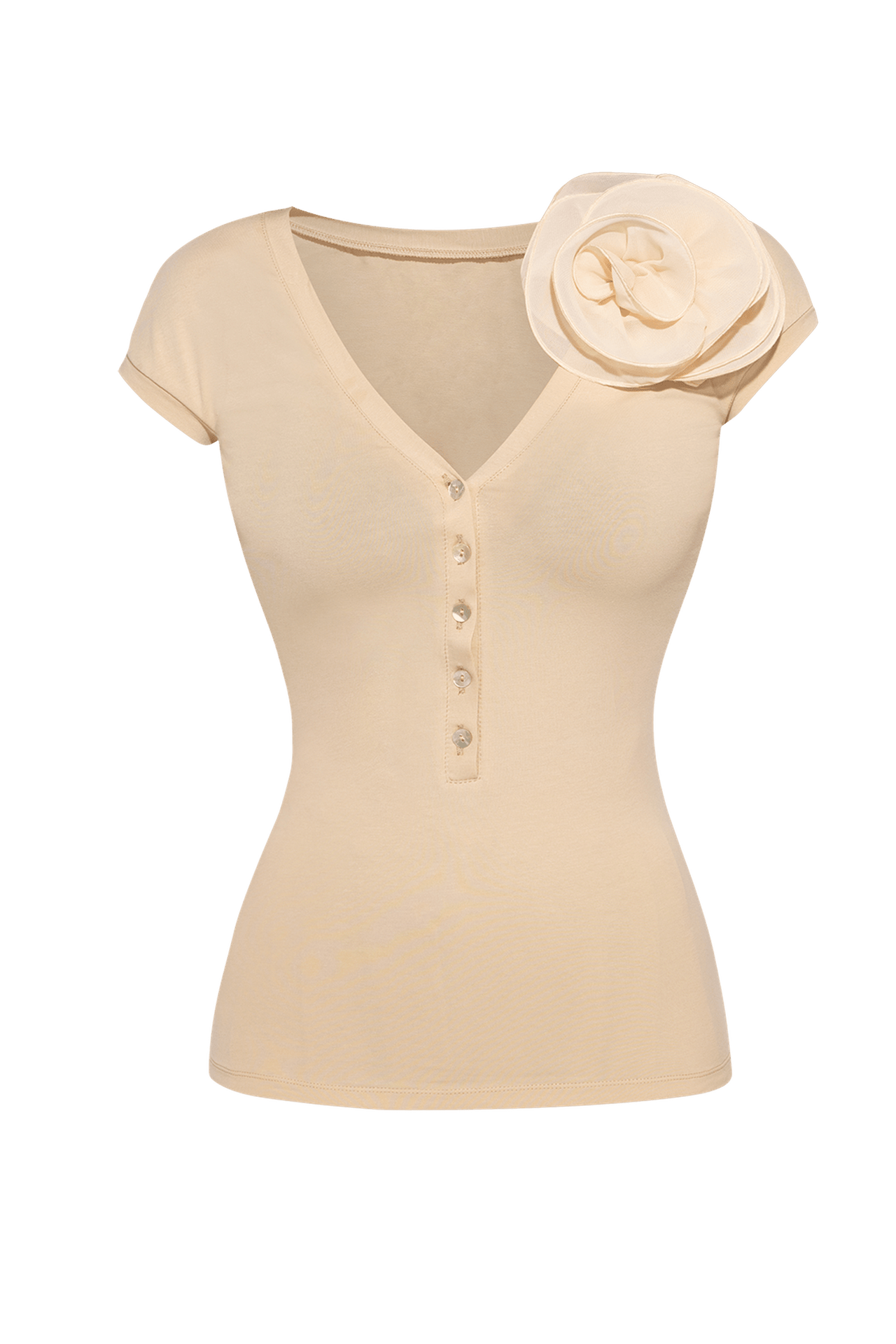 COTTON BUTTONED T-SHIRT WITH SHOULDER FLOWER - ESSENTIALS - Fashion Roots