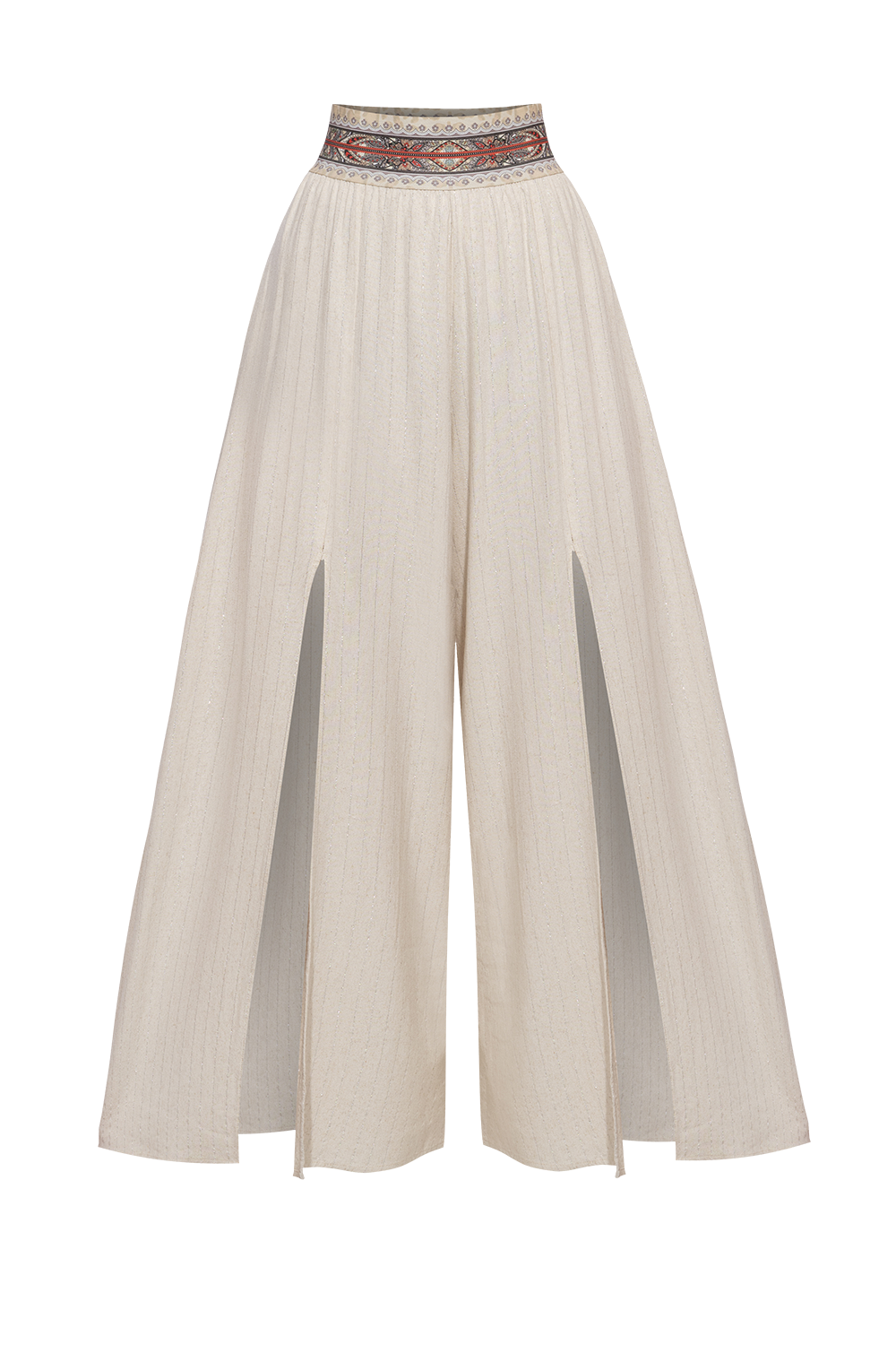 HIGH-WAISTED  VISCOSE-LINEN PANTS WITH SLITS IN ECRU STRIPED - ESSENTIALS