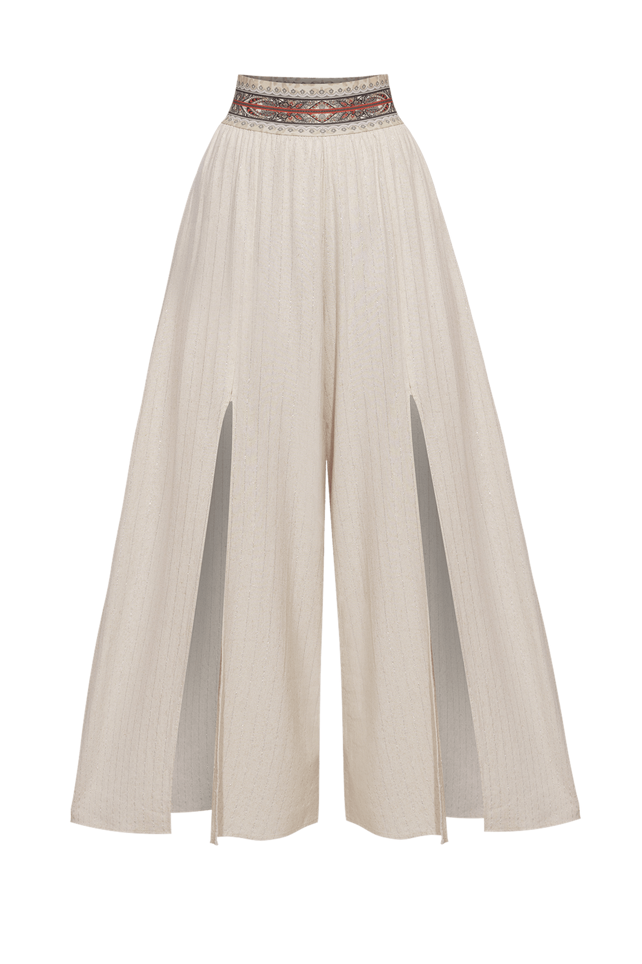 HIGH-WAISTED VISCOSE-LINEN PANTS WITH SLITS IN ECRU STRIPED - ESSENTIALS