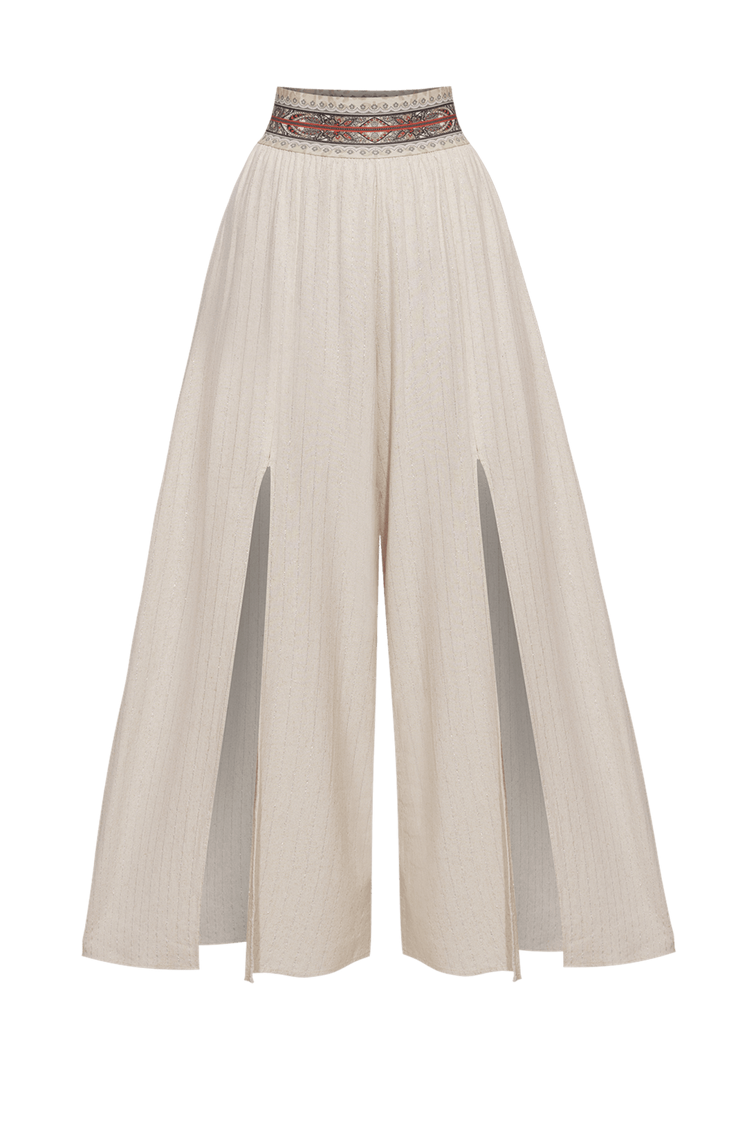 HIGH-WAISTED VISCOSE-LINEN PANTS WITH SLITS IN ECRU STRIPED - ESSENTIALS JIORO ПАНТАЛОН С ВИСОКА ТАЛИЯ ОТ ВИСКОЗА И ЛЕН СЪС СТРАНИЧНИ ЦЕПКИ В ЕКРЮ РАЙЕ - ESSENTIALS JIORO