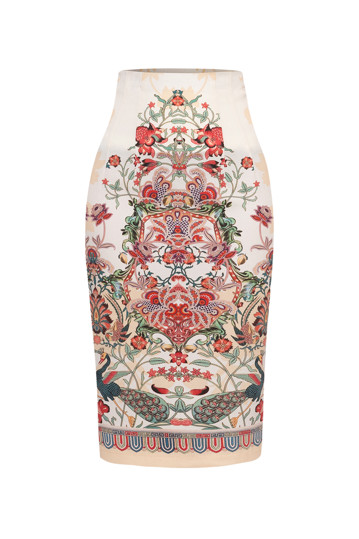 KNEE-LENGTH SKIRT IN COTTON TWILL WITH ELASTIC WAIST - PAISLEY RED JIORO ПОЛА ДО КОЛЯНОТО ОТ ПАМУЧЕН ТВИЛ С ЕЛАСТИЧНА ТАЛИЯ - PAISLEY RED JIORO 