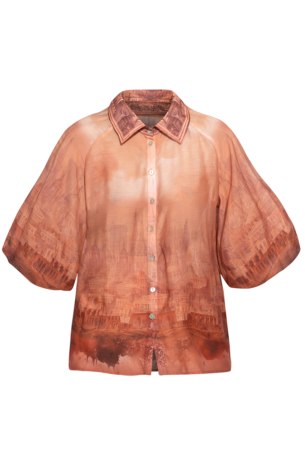3/4-SLEEVE SHIRT WITH ELASTIC HEM AND SHELL BUTTON PLASTRON IN VISCOSE-SILK - ANCIENT TOWN