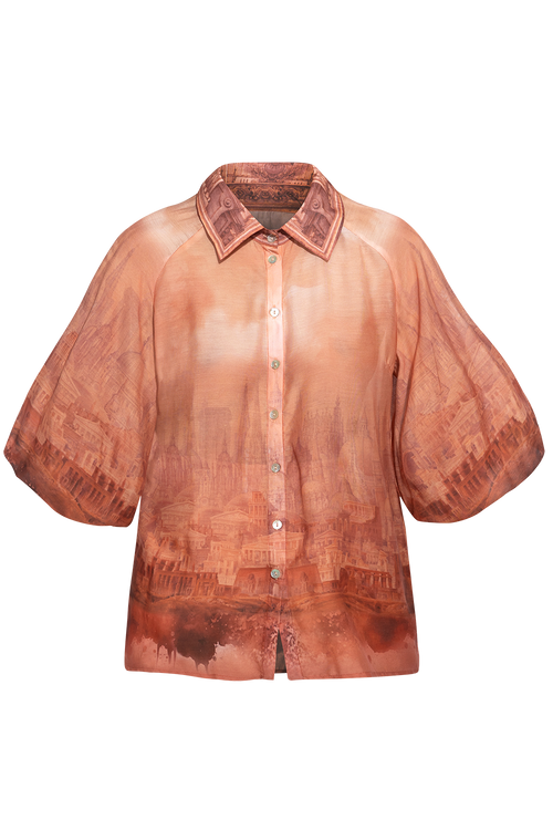 3/4-SLEEVE SHIRT WITH ELASTIC HEM AND SHELL BUTTON PLASTRON IN VISCOSE-SILK - ANCIENT TOWN