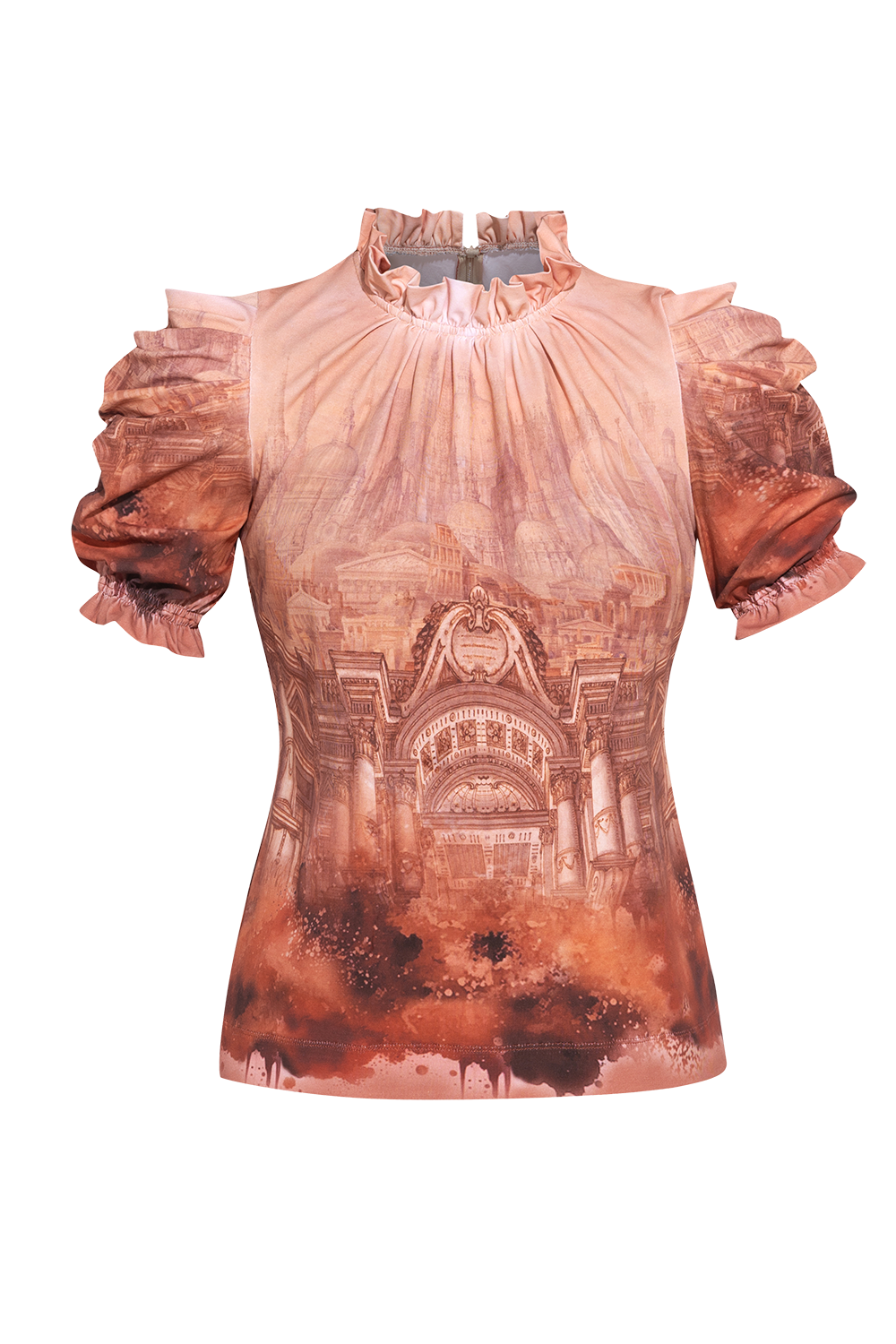 JERSEY COTTON BLOUSE WITH RUFFLED STAND COLLAR AND PUFF SLEEVES - ANCIENT TOWN
