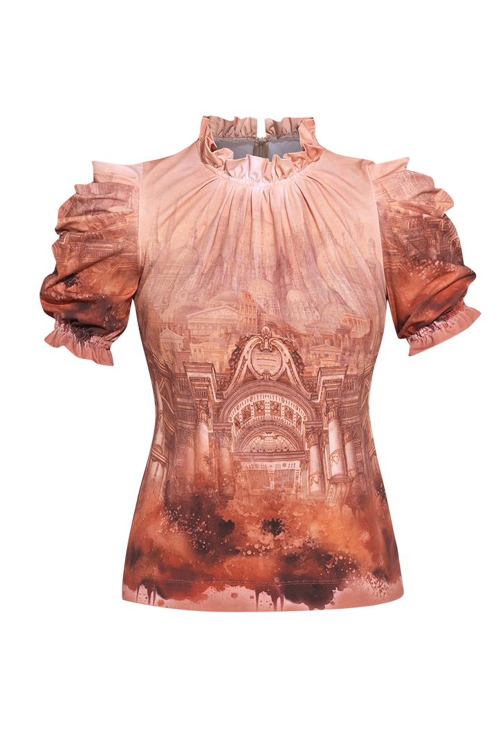 JERSEY COTTON BLOUSE WITH RUFFLED STAND COLLAR AND PUFF SLEEVES - ANCIENT TOWN JIORO БЛУЗА ОТ ПАМУК С РУЖКИ И БУФАН РЪКАВ - ANCIENT TOWN JIORO