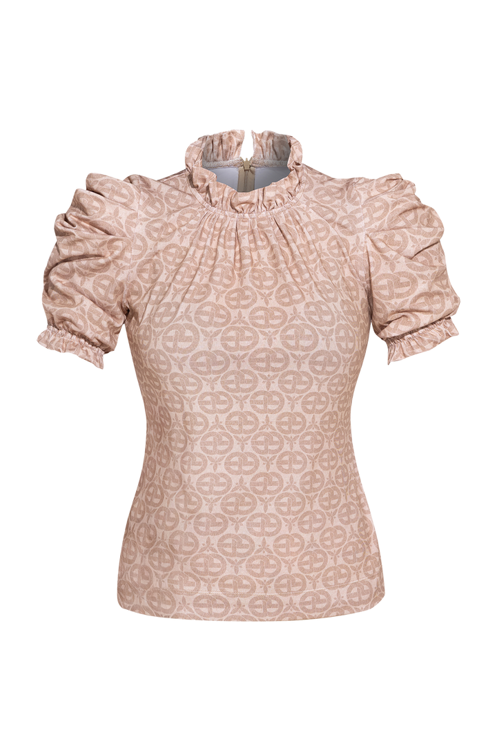 BLOUSE WITH RUFFLES - IVORY LOGO JIORO БЛУЗА С ЛОГО ПРИНТ И НАБОРИ - IVORY LOGO JIORO 