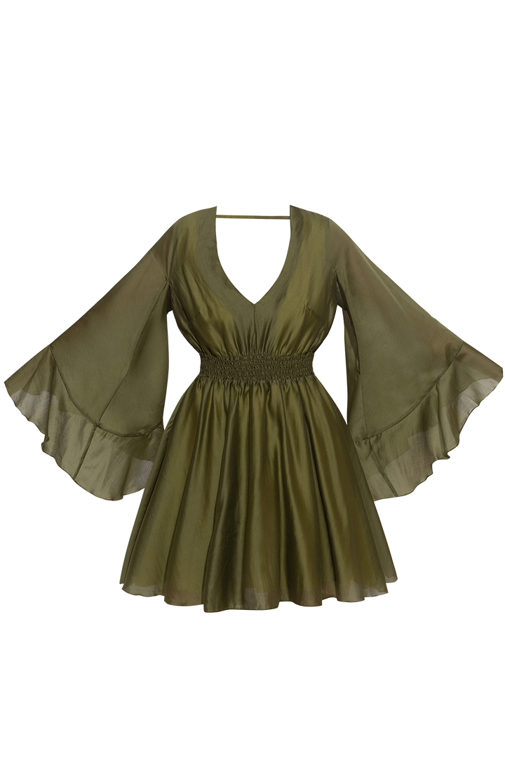 SHORT TENCEL DRESS WITH WIDE SLEEVES IN OLIVE GREEN - ESSENTIALS JIORO КЪСА РОКЛЯ ОТ ЛИОЦЕЛ С ШИРОК РЪКАВ В ЗЕЛЕНО - ESSENTIALS JIORO