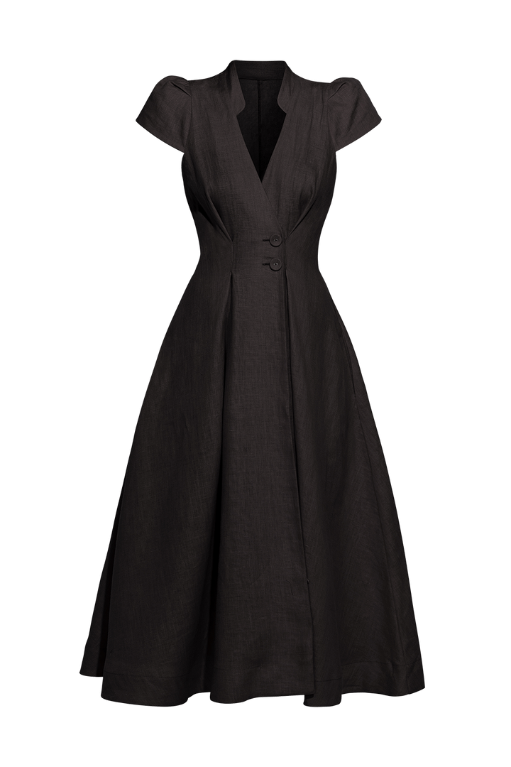 ROBE LONGUE ÉVASÉE EN LIN NOIRE - ESSENTIALS
