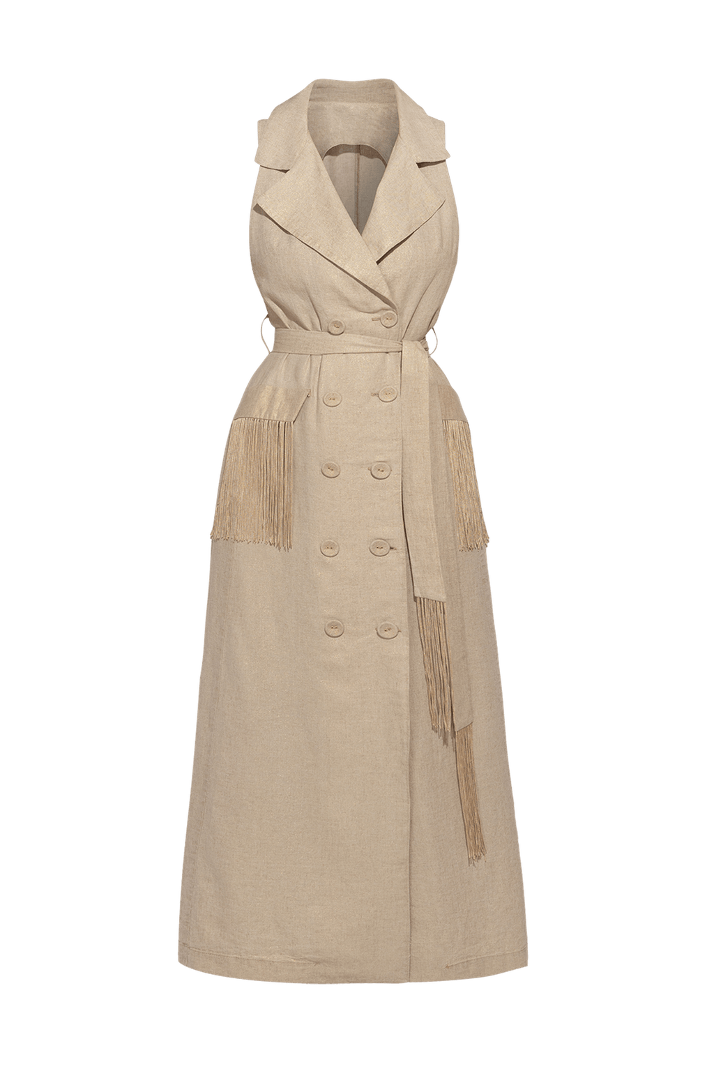 LINEN SLEEVELESS TRENCH MIDI DRESS WITH FRINGES - ESSENTIALS
