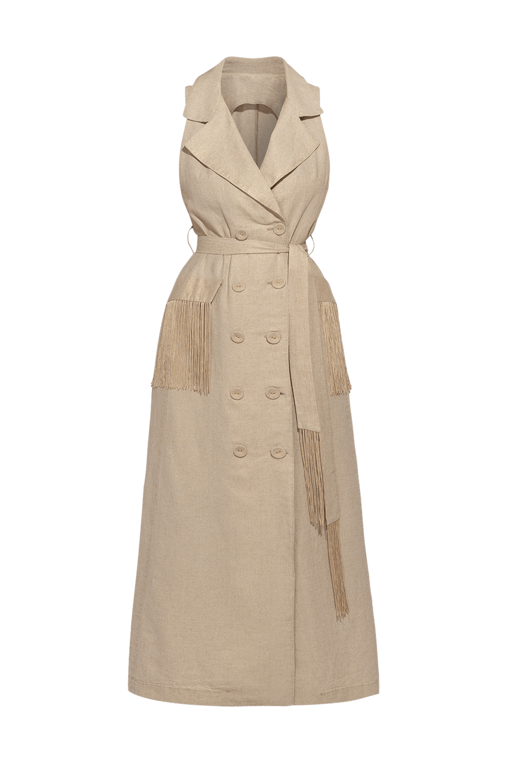 LINEN SLEEVELESS TRENCH MIDI DRESS WITH FRINGES - ESSENTIALS - Fashion Roots