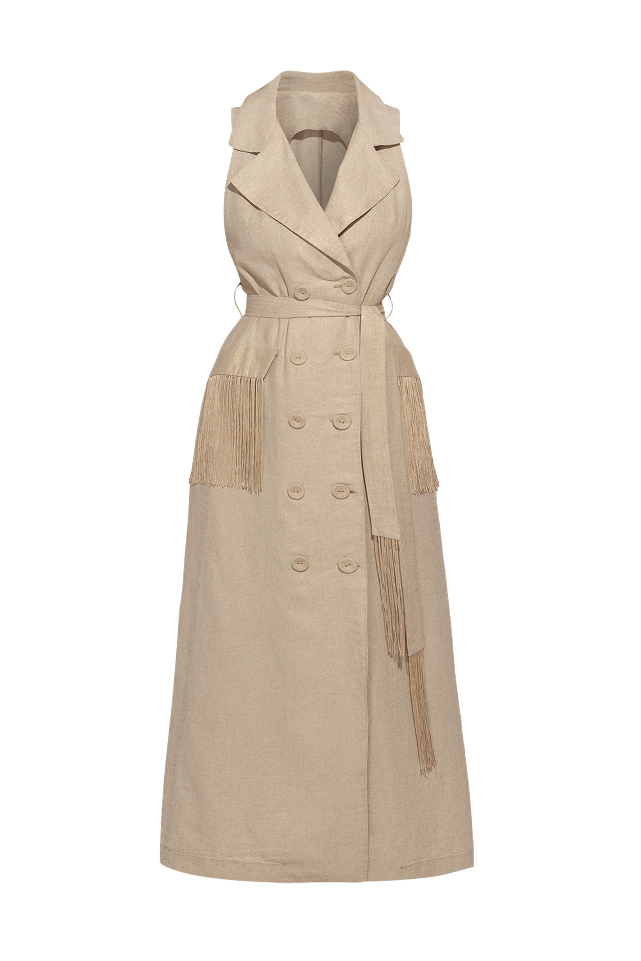 LINEN SLEEVELESS TRENCH MIDI DRESS WITH FRINGES - ESSENTIALS - Fashion Roots