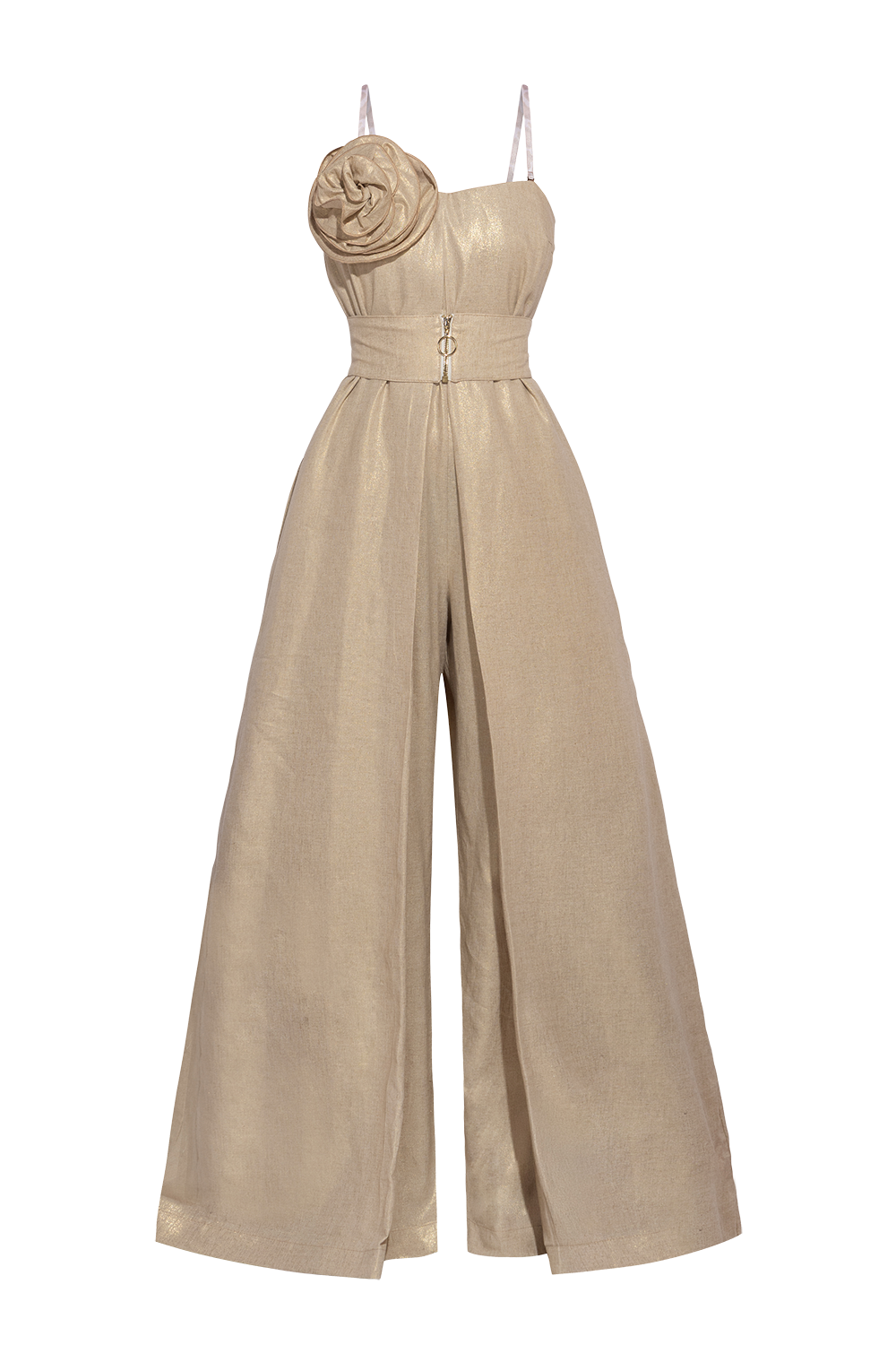 OFF-SHOULDER JUMPSUIT WITH FLORAL DETAILS IN GOLD LINEN-VISCOSE - ESSENTIALS