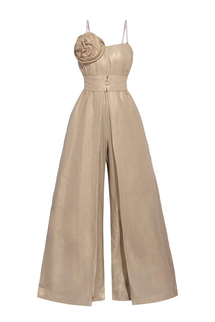 OFF-SHOULDER JUMPSUIT WITH FLORAL DETAILS IN GOLD LINEN-VISCOSE - ESSENTIALS JIORO ГАЩЕРИЗОН ОТ ЛЕН И ВИСКОЗА В ЗЛАТИСТО - ESSENTIALS JIORO