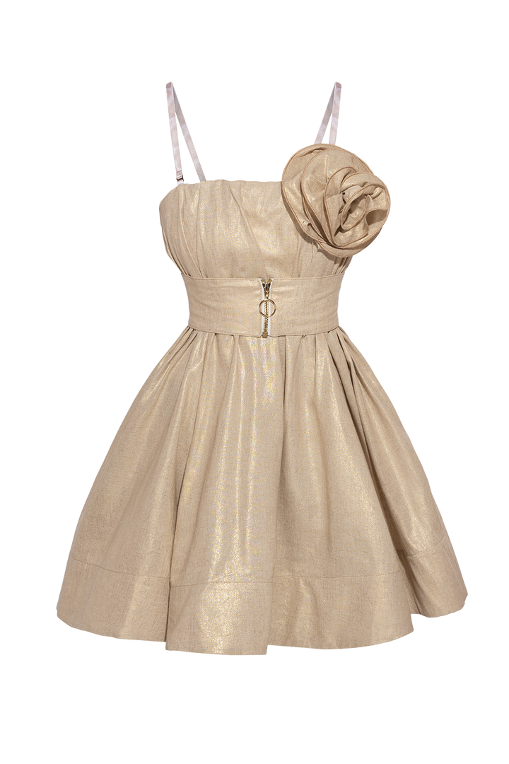 A-LINE CORSET LINEN-VISCOSE DRESS WITH FLORAL DETAILS - ESSENTIALS JIORO РОКЛЯ С КОРСЕТНА ГОРНА ЧАСТ ОТ ЛЕН И ВИСКОЗА В ЗЛАТИСТО - ESSENTIALS JIORO