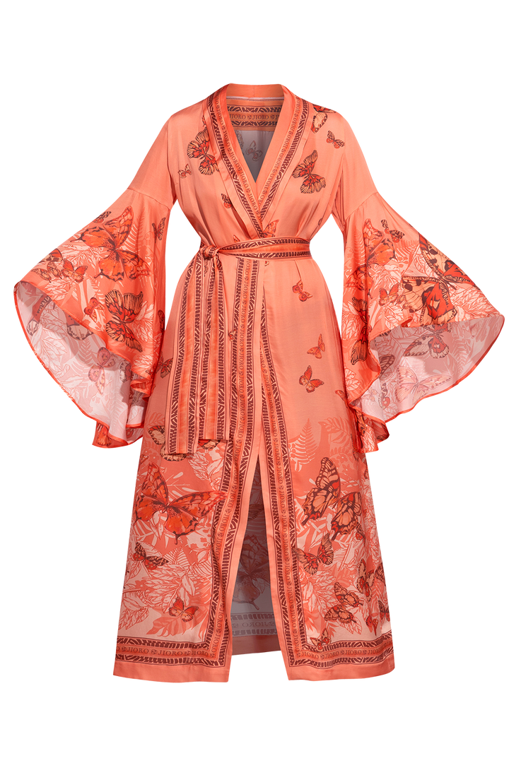 VISCOSE KIMONO WITH DRAPED BACK AND SHAWL COLLAR - PAPAYA BUTTERFLIES JIORO КИМОНО ОТ ВИСКОЗА С ШАЛ ЯКА И ДРАПИРАН ГРЪБ - PAPAYA BUTTERFLIES JIORO