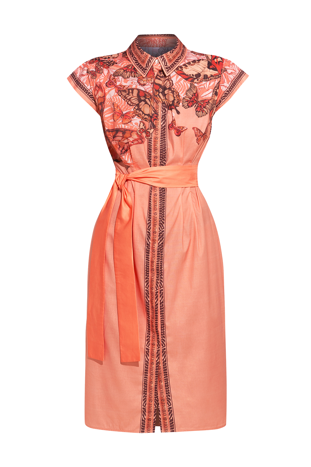 POPLIN SHIRT DRESS WITH OVAL HEM AND DRAPED WAIST - PAPAYA BUTTERFLIES JIORO РОКЛЯ ТИП РИЗА ОТ ПОПЛИН С ОВАЛЕН ПОДГЪВ - PAPAYA BUTTERFLIES JIORO