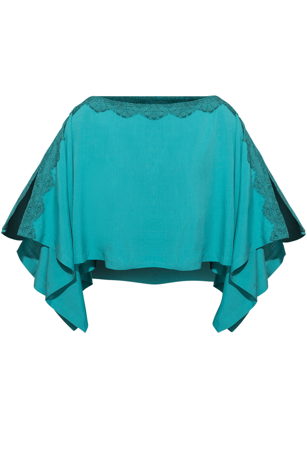 RELAXED VISCOSE TUNIC WITH SIDE SLITS AND LACE IN TURQUOISE - ESSENTIALS - Fashion Roots