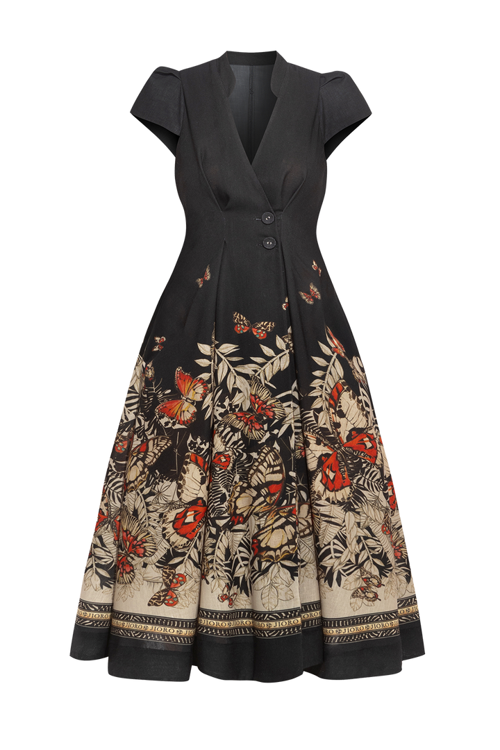 LONG FLARED LINEN DRESS - MIDNIGHT BUTTERFLIES JIORO ДЪЛГА РАЗКРОЕНА РОКЛЯ ОТ ЛЕН – MIDNIGHT BUTTERFLIES JIORO
