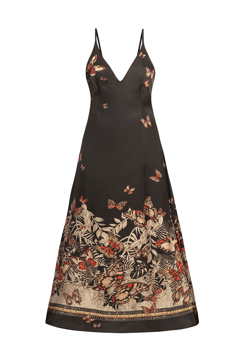 VISCOSE SLIP DRESS WITH OPEN BACK AND THIN STRAPS - MIDNIGHT BUTTERFLIES