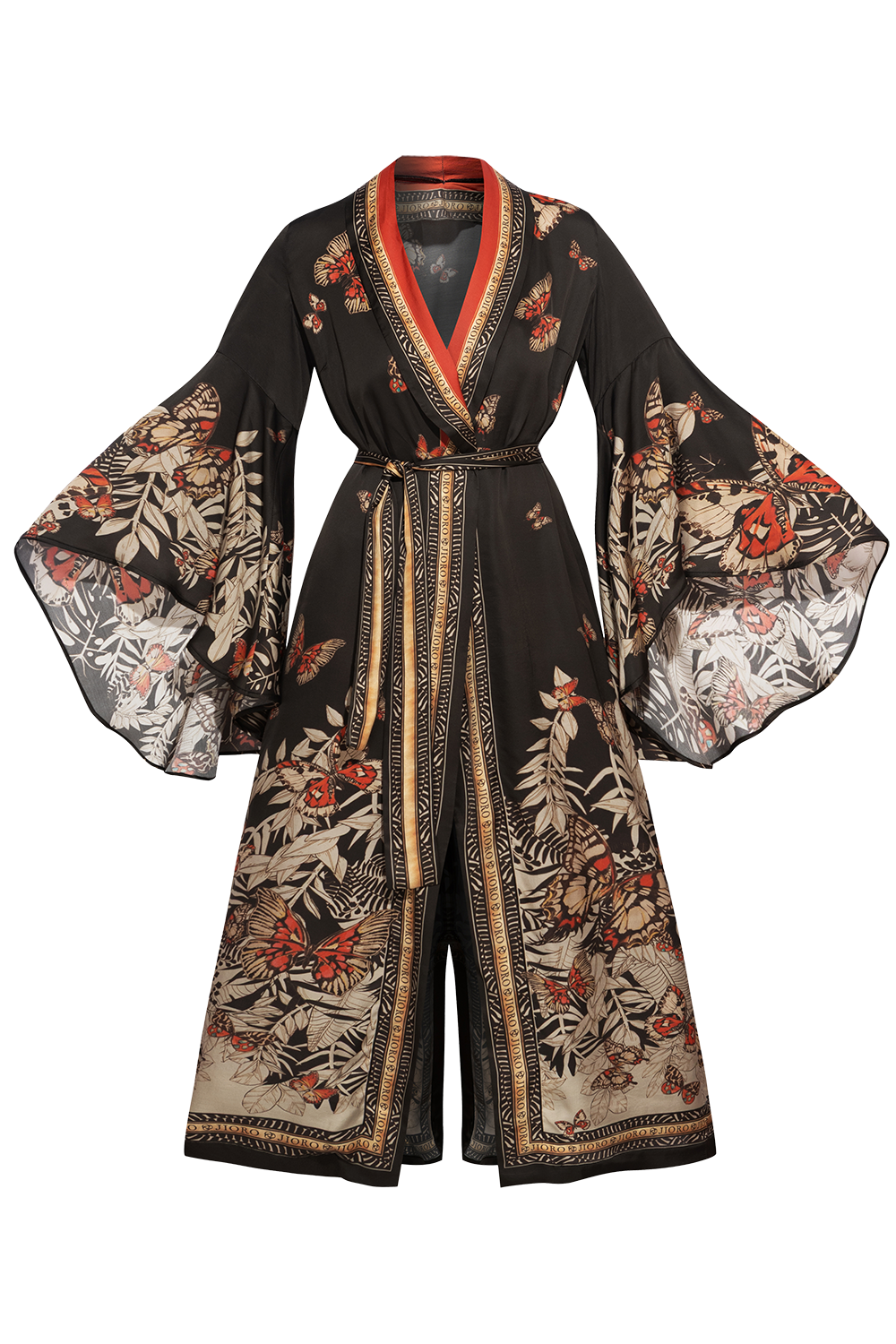 VISCOSE KIMONO WITH DRAPED BACK AND SHAWL COLLAR - MIDNIGHT BUTTERFLIES