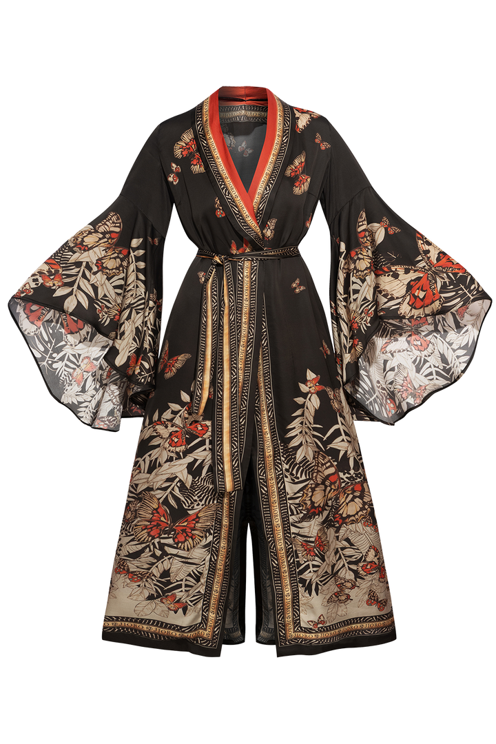 VISCOSE KIMONO WITH DRAPED BACK AND SHAWL COLLAR - MIDNIGHT BUTTERFLIES
