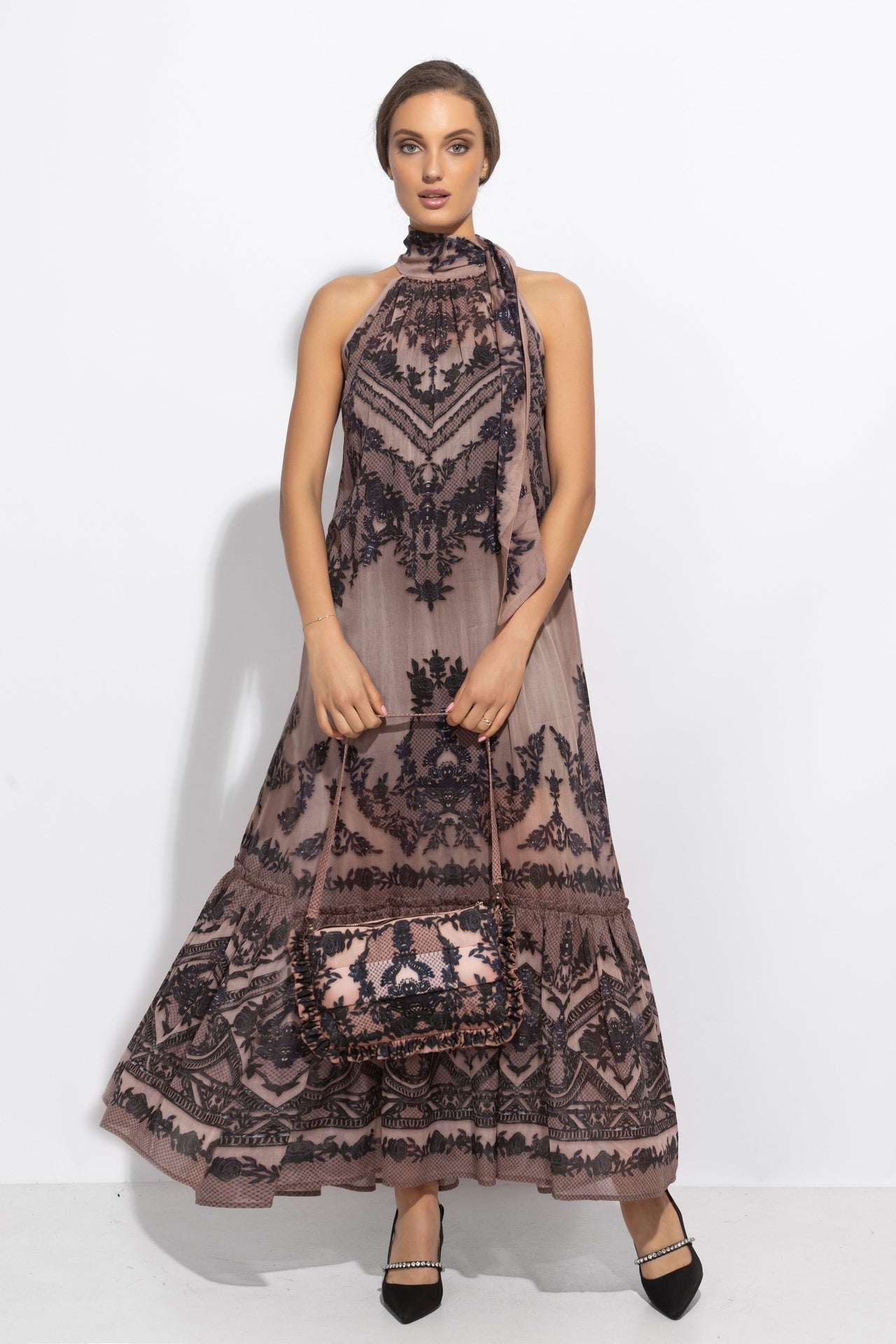 SILK VISCOSE LONG DRESS - GRAFFITI POWDER - Fashion Roots