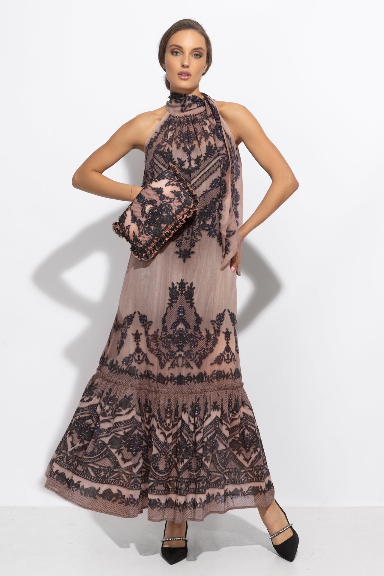 SILK VISCOSE LONG DRESS - GRAFFITI POWDER - Fashion Roots