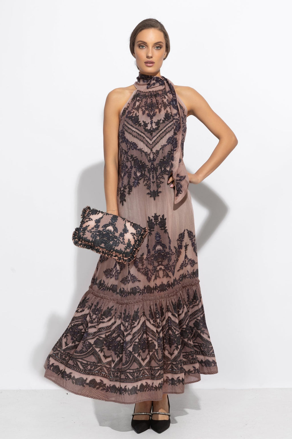 SILK VISCOSE LONG DRESS - GRAFFITI POWDER - Fashion Roots