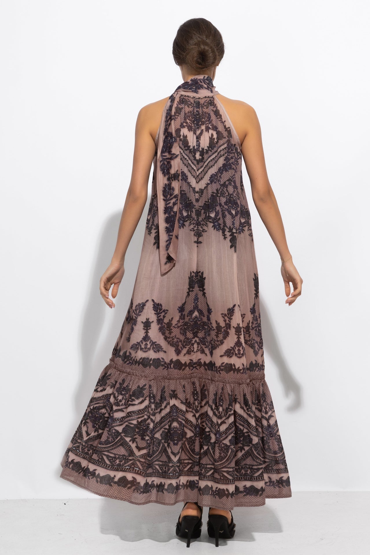 SILK VISCOSE LONG DRESS - GRAFFITI POWDER - Fashion Roots