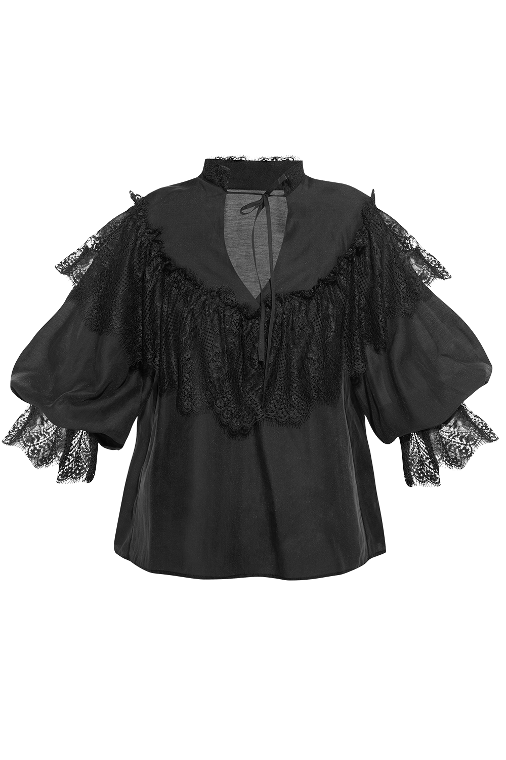 BOHEMIAN BLACK BLOUSE WITH PUFF SLEEVES AND LACE DETAILS - ESSENTIALS - JIORO