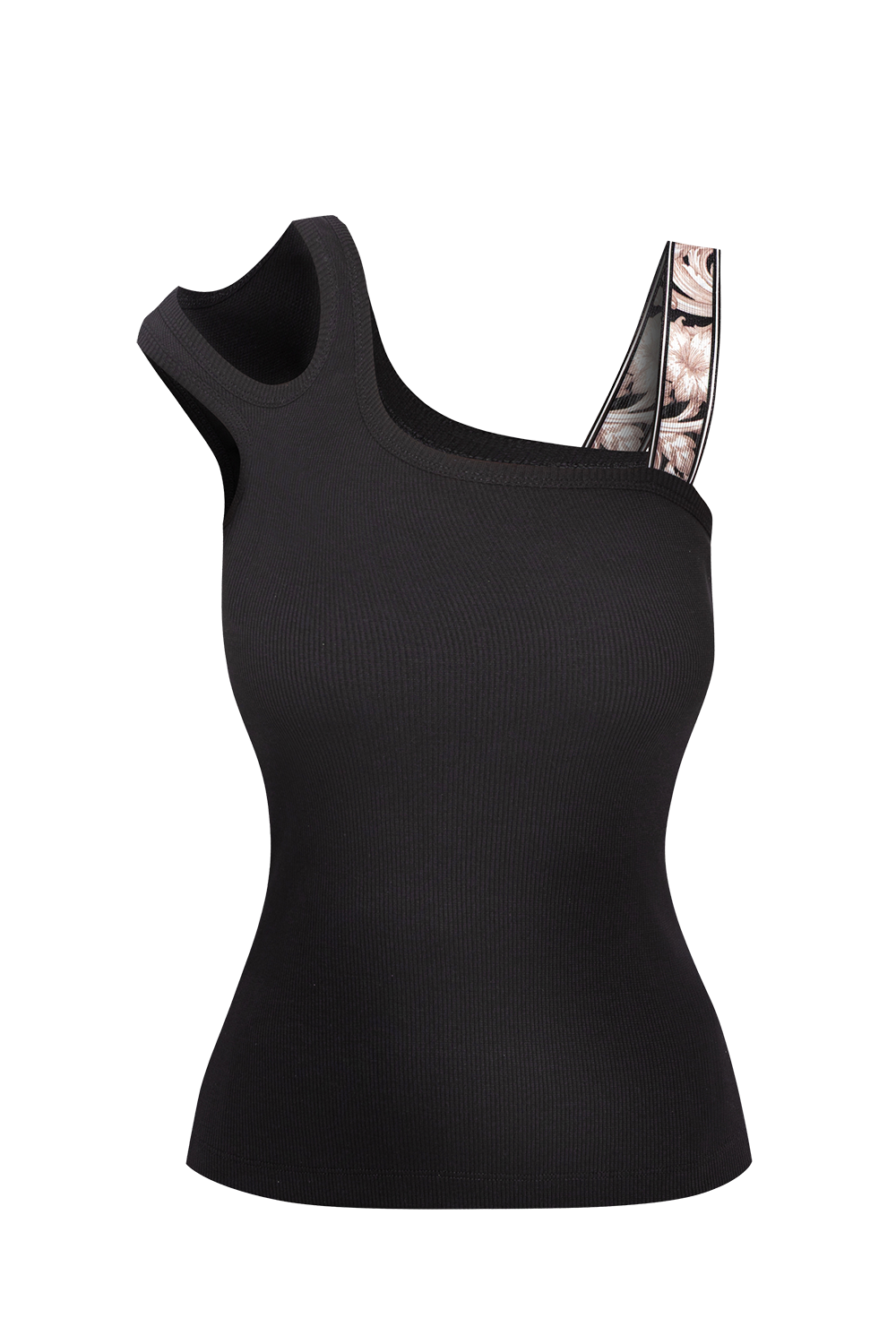 ASYMMETRICAL COTTON RIB TANK TOP IN BLACK WITH ELASTIC STRAP BAROQUE PEARL - ESSENTIALS - Fashion Roots