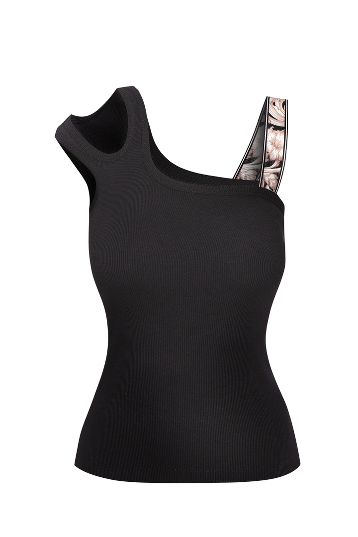 ASYMMETRICAL COTTON RIB TANK TOP IN BLACK WITH ELASTIC STRAP BAROQUE PEARL - ESSENTIALS - Fashion Roots