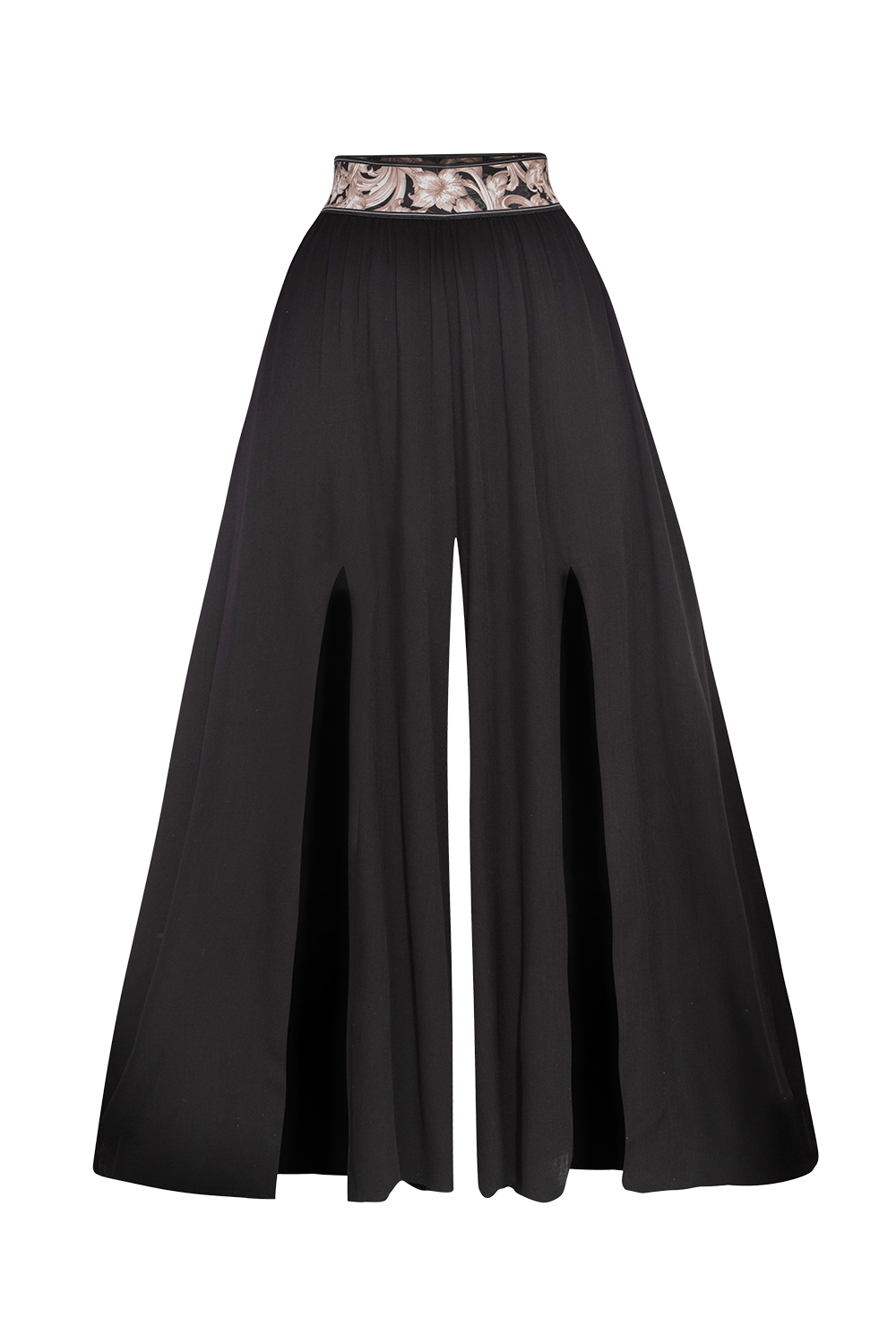 BLACK VISCOSE PANTS WITH ELASTIC WAIST IN BAROQUE PEARL AND SLITS - ESSENTIALS - Fashion Roots