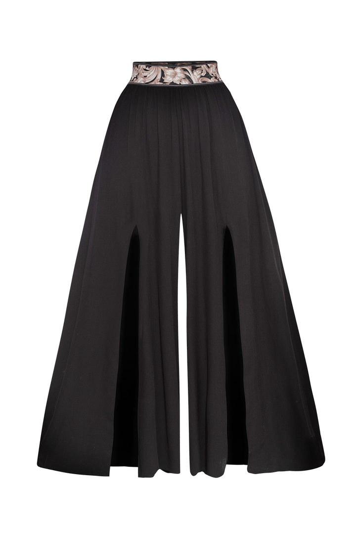 BLACK VISCOSE PANTS WITH ELASTIC WAIST IN BAROQUE PEARL AND SLITS - ESSENTIALS - Fashion Roots