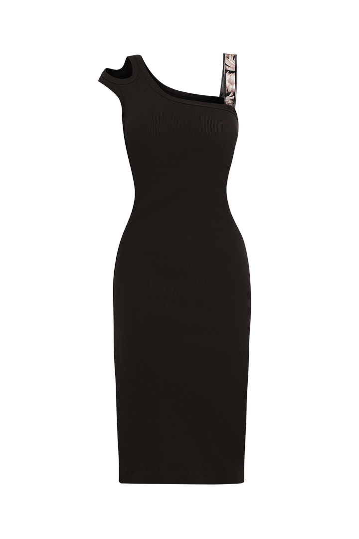 BLACK COTTON MIDI DRESS WITH ASYMMETRICAL SHOULDERS AND STRAP BAROQUE PEARL - ESSENTIALS JIORO