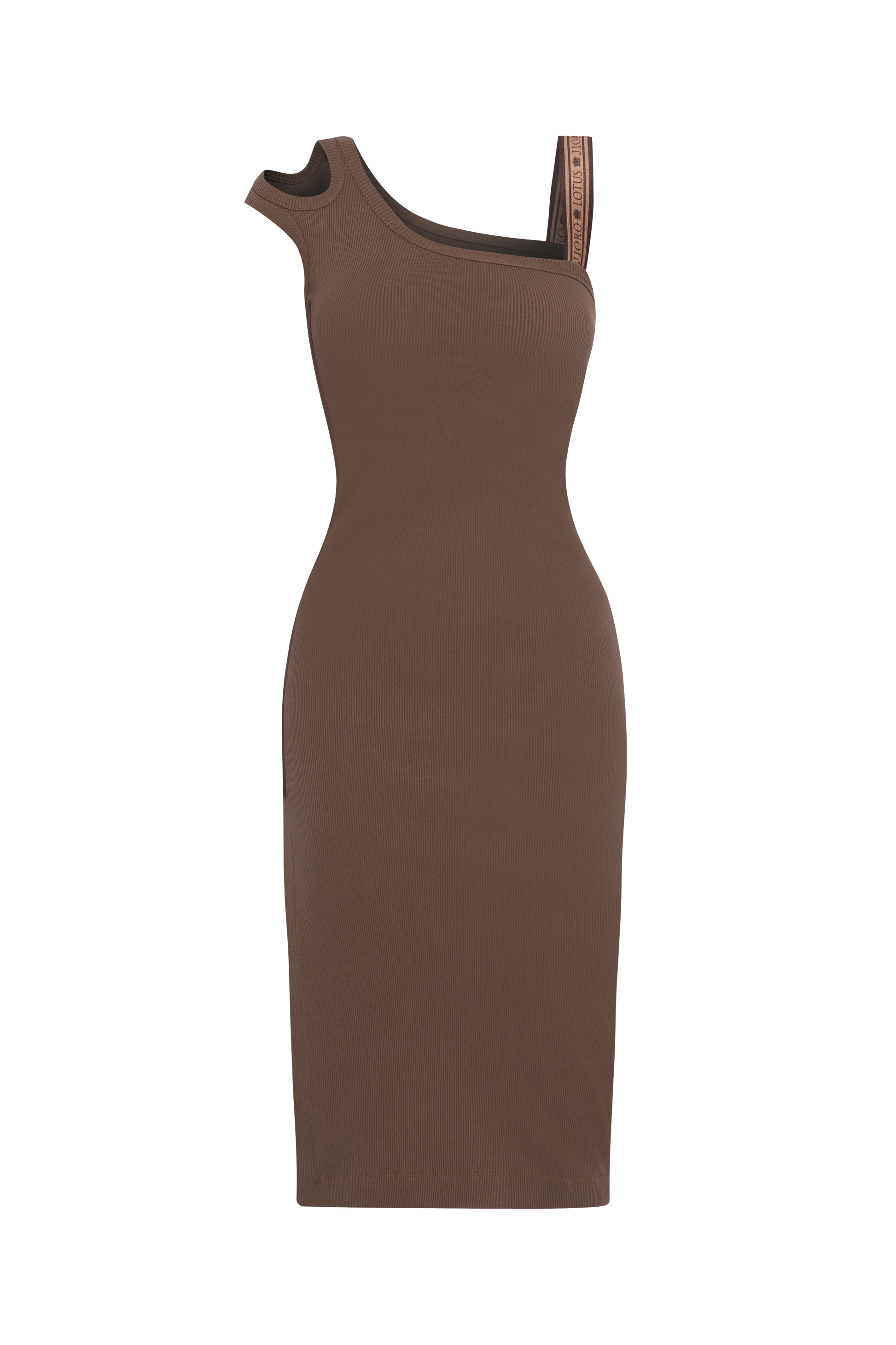 COTTON MIDI DRESS WITH ASYMMETRICAL SHOULDERS AND STRAP MOCHA MOUSSE LOGO - ESSENTIALS