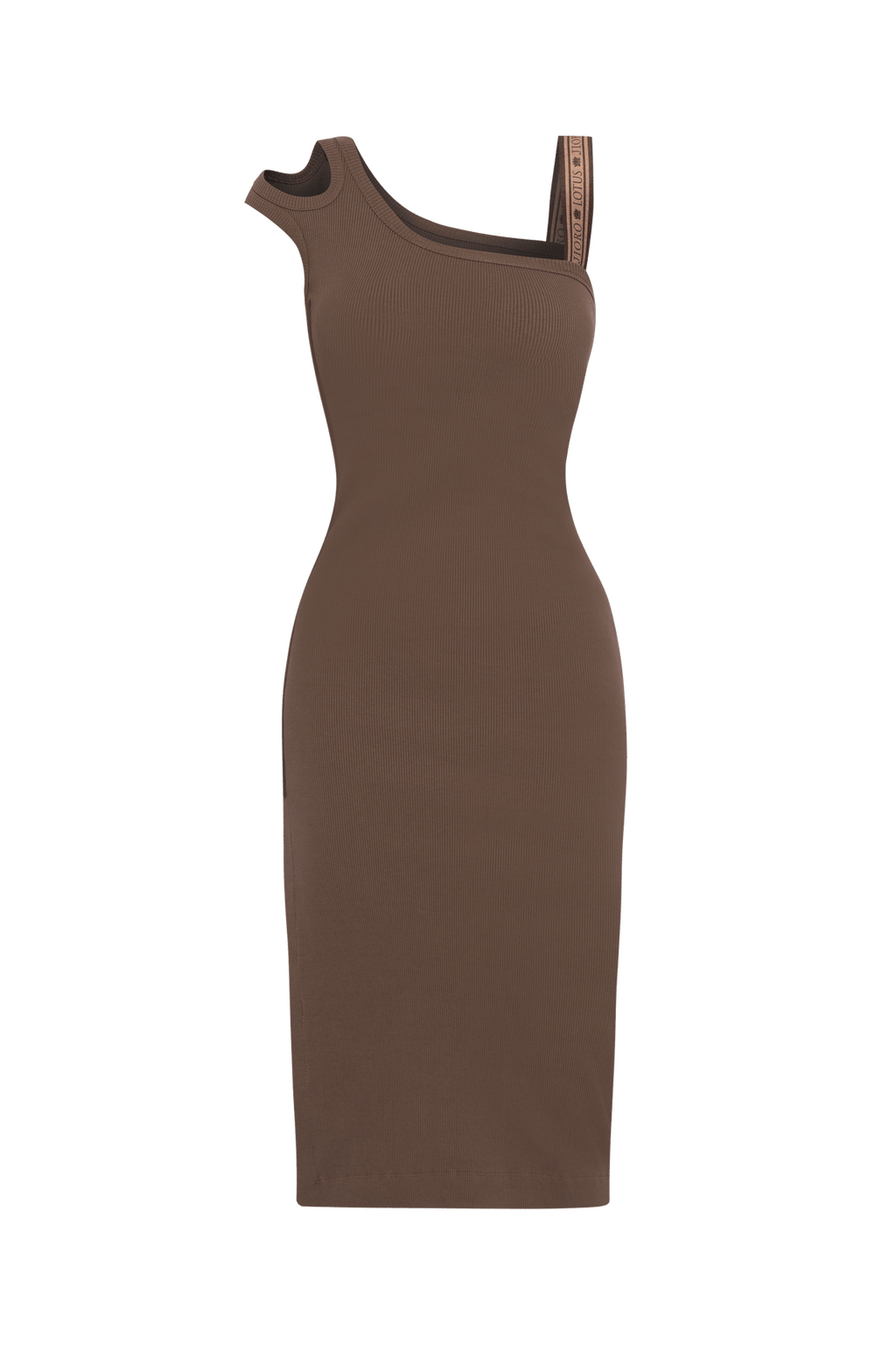 COTTON MIDI DRESS WITH ASYMMETRICAL SHOULDERS AND STRAP MOCHA MOUSSE LOGO - ESSENTIALS - Fashion Roots