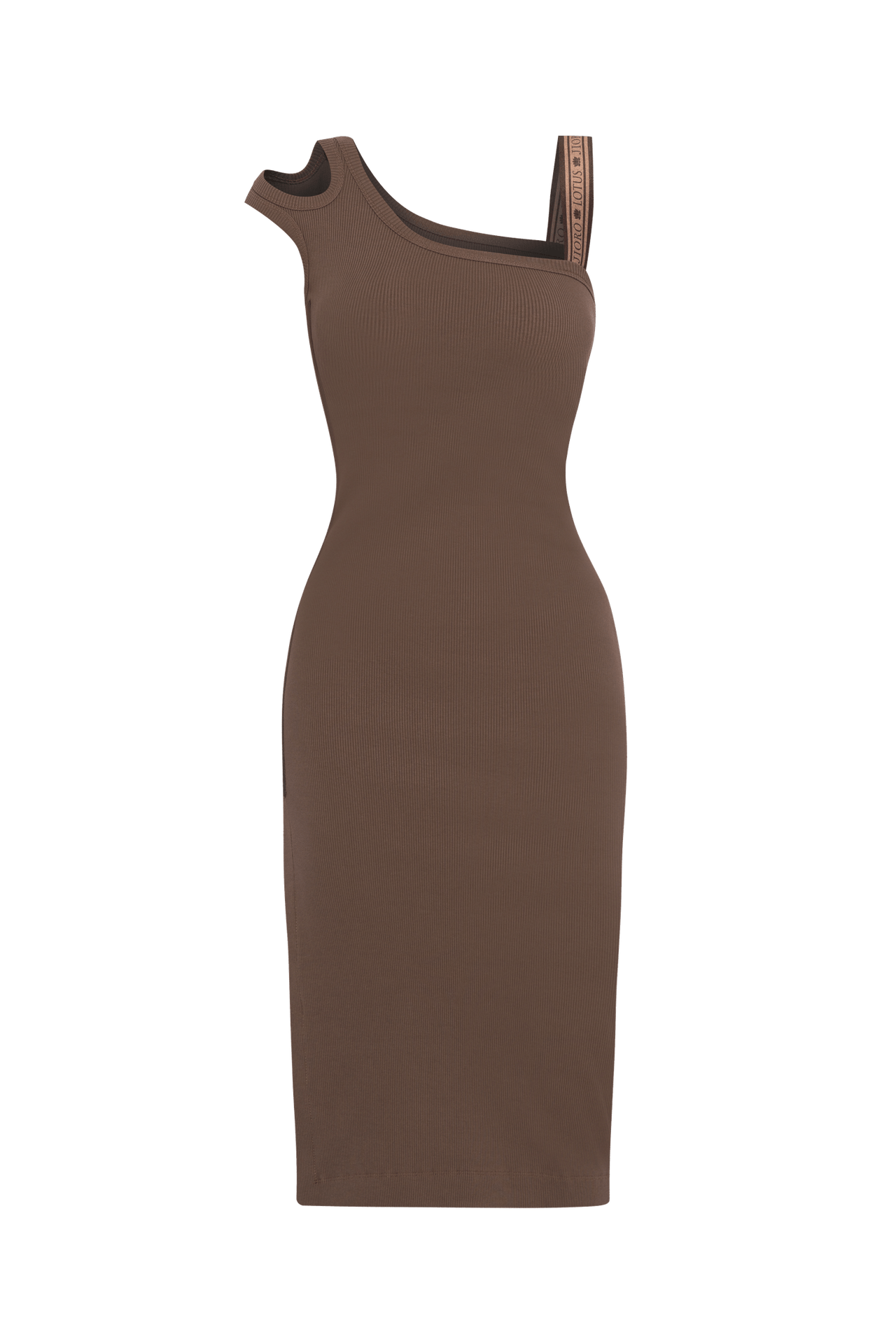 COTTON MIDI DRESS WITH ASYMMETRICAL SHOULDERS AND STRAP MOCHA MOUSSE LOGO - ESSENTIALS