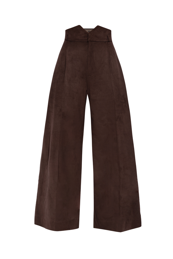 HIGH-WAISTED WIDE-LEG PANTS IN SUEDE-EFFECT DARK BROWN - ESSENTIALS JIORO ПАНТАЛОН С ВИСОКА ТАЛИЯ И ШИРОКИ КРАЧОЛИ С ЕФЕКТ НА ВЕЛУР В КАФЯВО - ESSENTIALS JIORO
