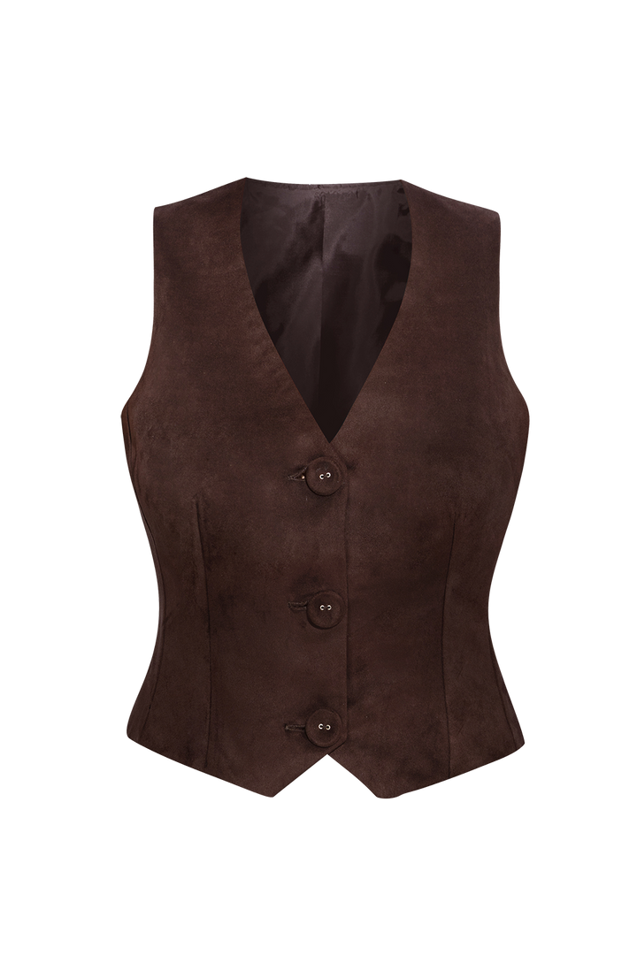 SUEDE-EFFECT VEST IN DARK BROWN - ESSENTIALS JIORO ТЪМНОКАФЯВ ЕЛЕК С ВЕЛУРЕН ЕФЕКТ - ESSENTIALS JIORO