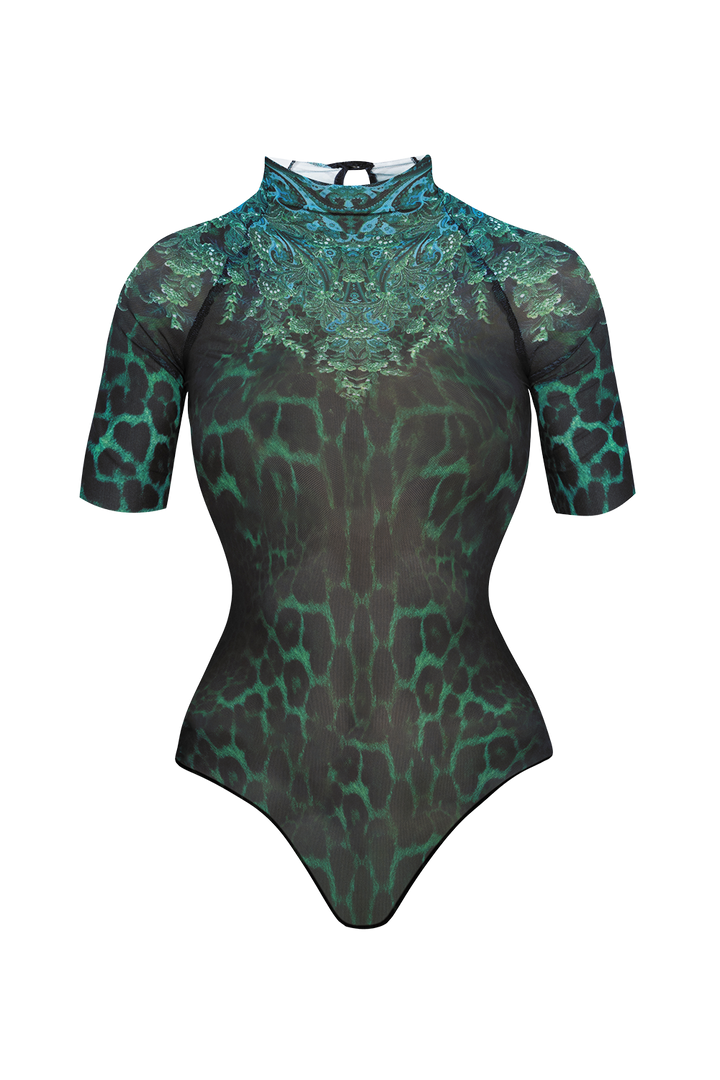 LINED SHORT SLEEVE MESH BODYSUIT - LEO NEON GREEN